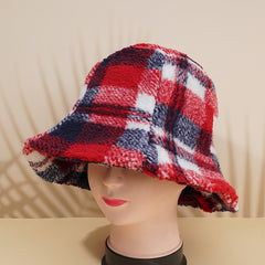 Women Lamb Wool Bucket Hat Plaid Fisherman Hat