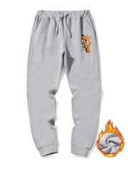 Men's Bear Print Fleece Sweatpants Drawstring Jogger Pants