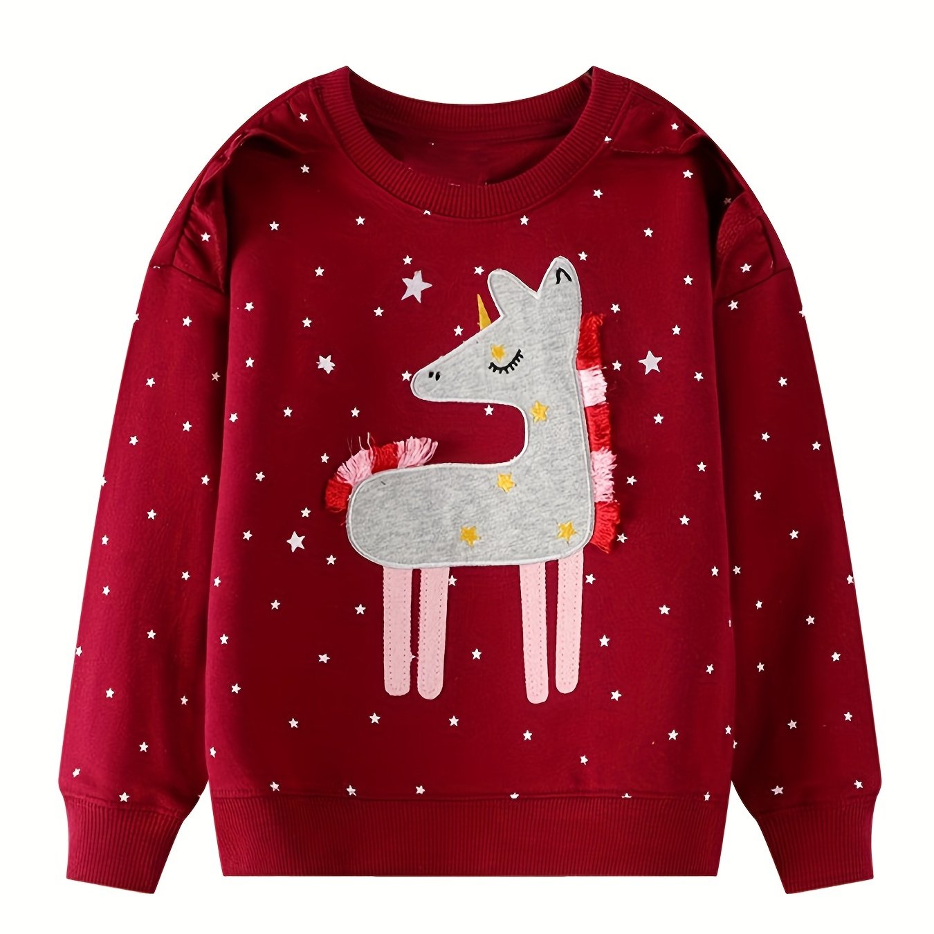 Girls Embroidered Pony & Stars Print Sweatshirt - Sports Casual Outfit