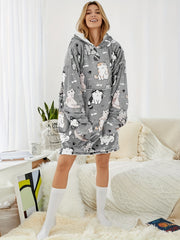 Cartoon Cat Print Hooded Robe Women's Nightwear