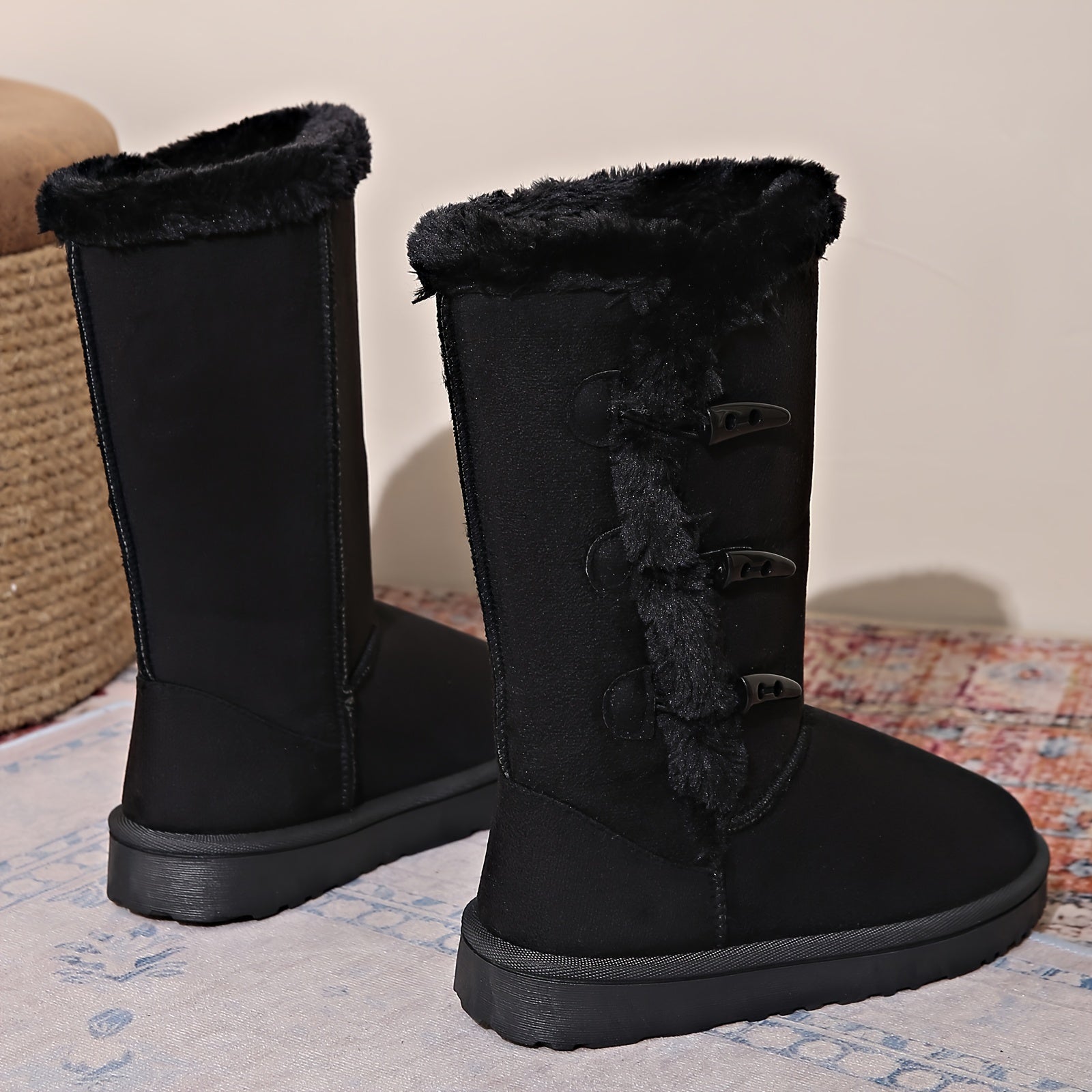 Women's Solid Horn Buckle Casual Snow Boots Soft Comfortable Medium Top Snow Sho