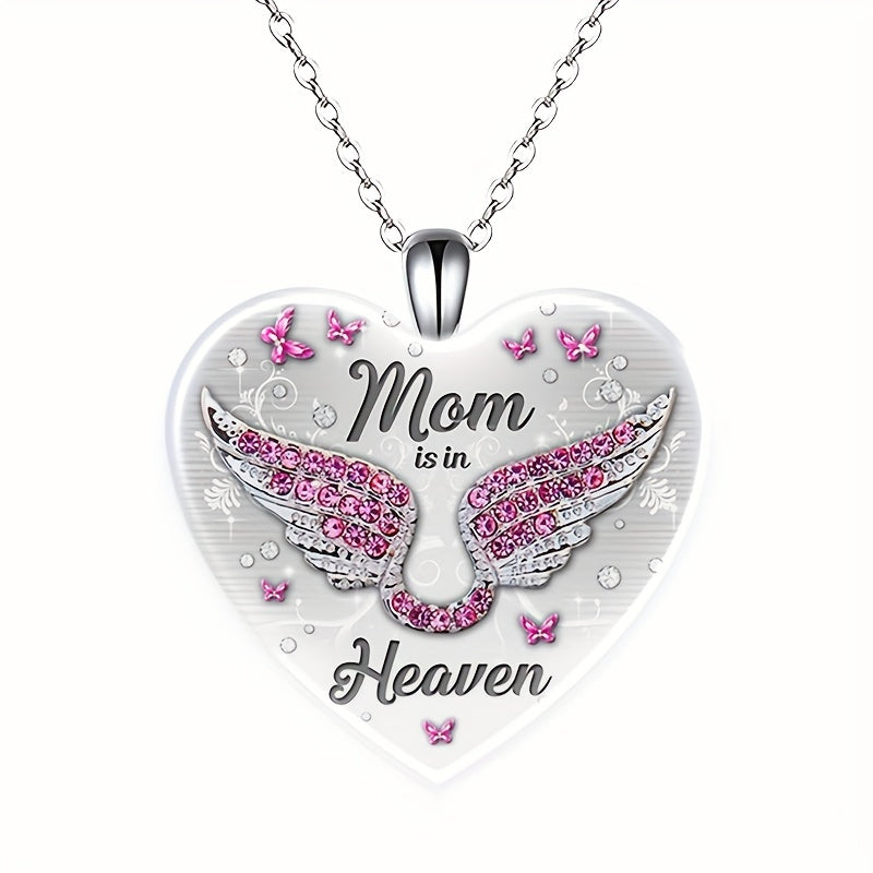 Pink Rhinestone Wing & Mom Is In Heaven Heart Pendant Necklace