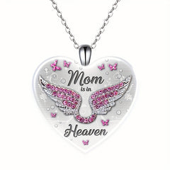 Pink Rhinestone Wing & Mom Is In Heaven Heart Pendant Necklace