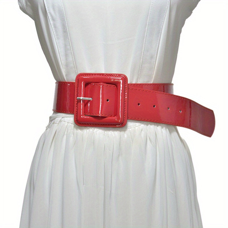 Bright PU Wide Belt Square Buckle Waistband Women