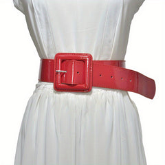 Bright PU Wide Belt Square Buckle Waistband Women