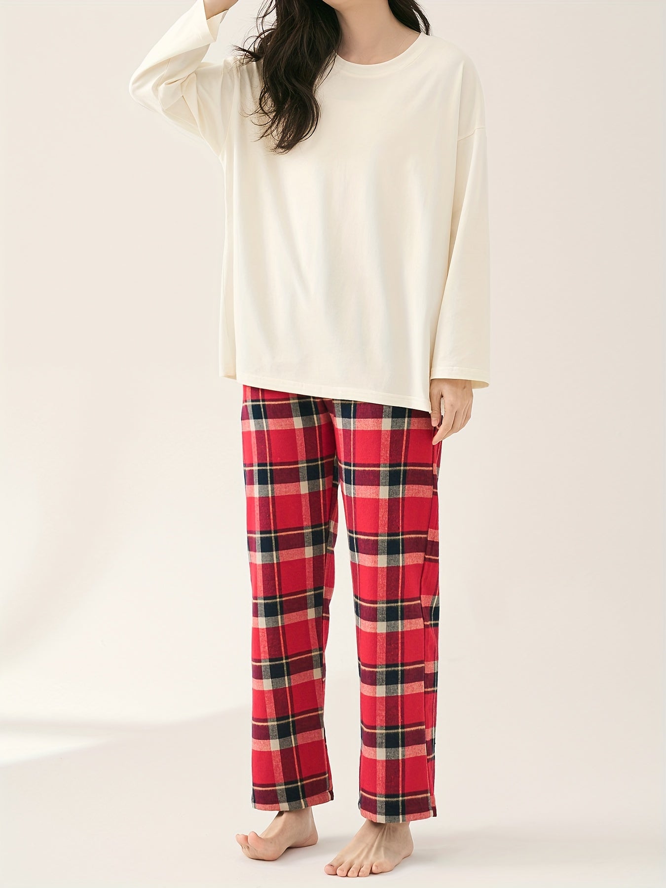 Soft Pajama Set Long Sleeve Top & Plaid Pants Women's Sleepwear