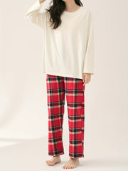 Soft Pajama Set Long Sleeve Top & Plaid Pants Women's Sleepwear