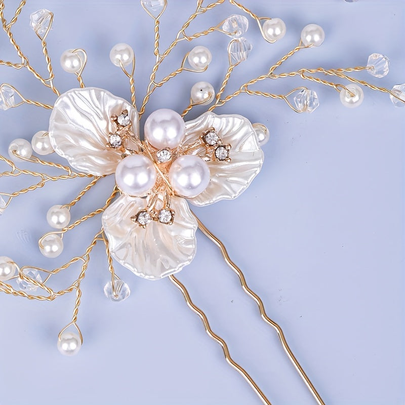 Flower Alloy Hairpin with Faux Pearl Rhinestone Bridal Hair Accessories