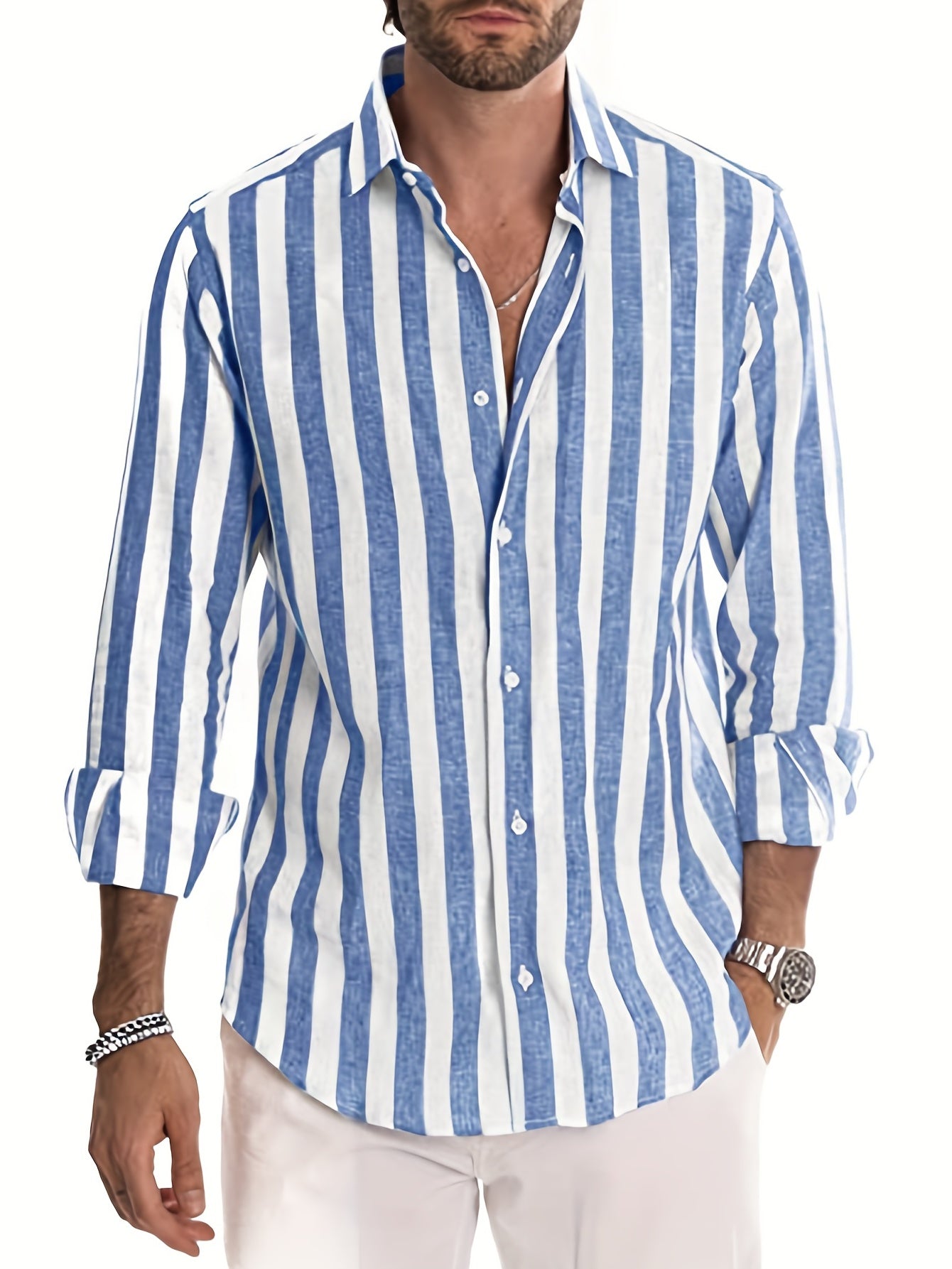 Men's Vertical Striped Casual Shirt Long Sleeves Regular Fit