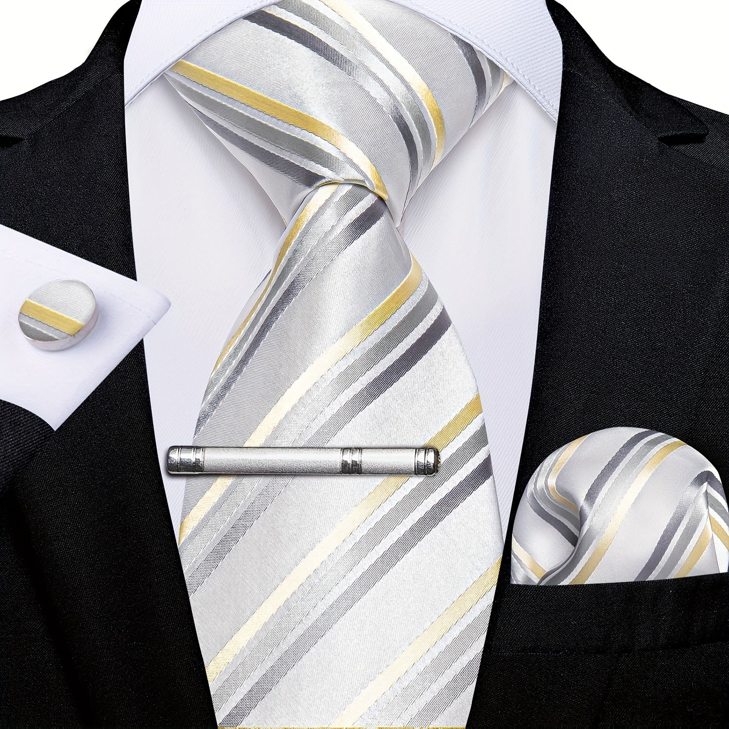 Men's Silk Tie Striped Solid Paisley Necktie Hanky Set