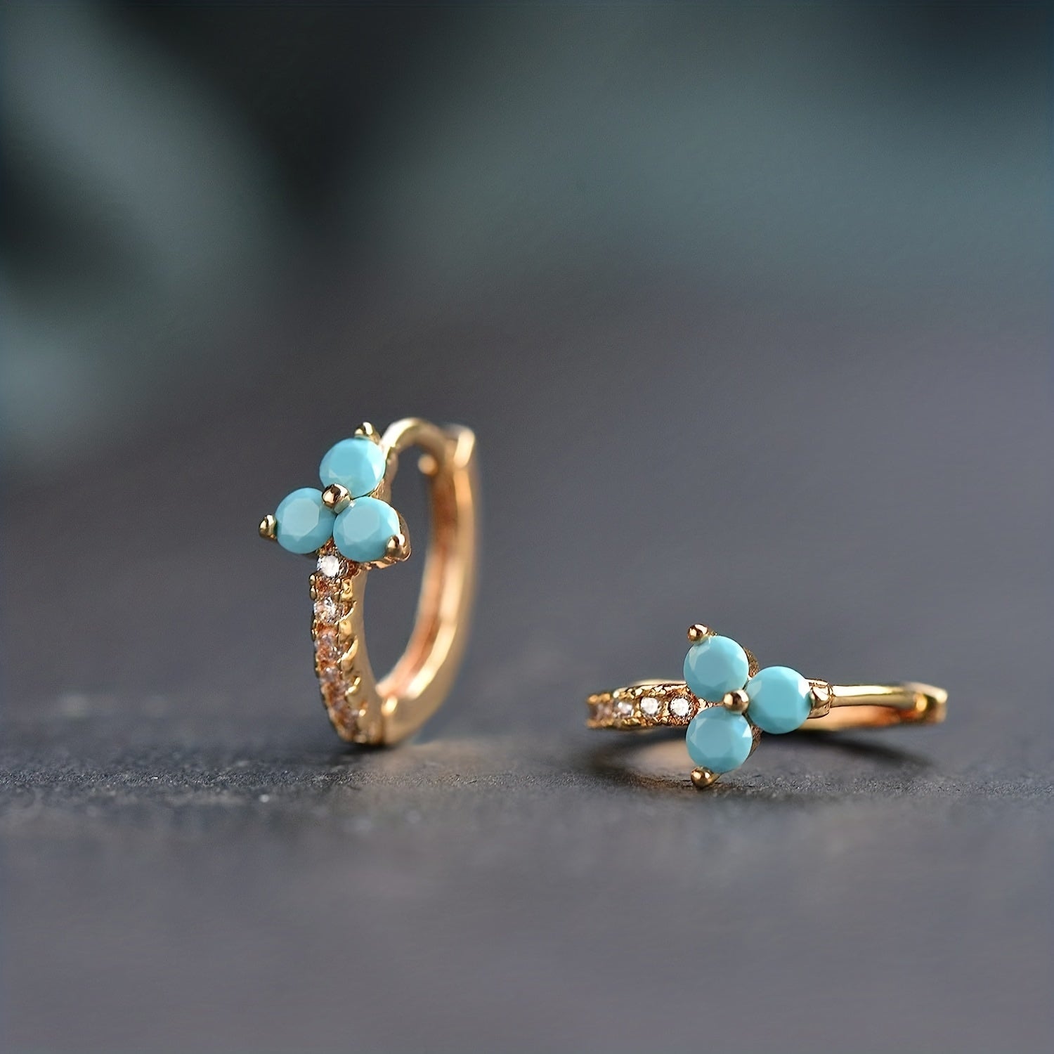 Turquoise Flower Hoop Cuff Earrings S925 Silver for Sensitive Ears