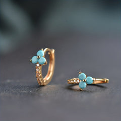 Turquoise Flower Hoop Cuff Earrings S925 Silver for Sensitive Ears
