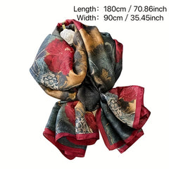 Vintage Red Flower Print Scarf Dark Tie Dye Satin Shawl