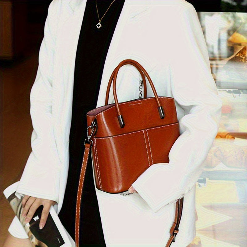 Classic Brown Leather Women's Tote Bag with Zipper Closure