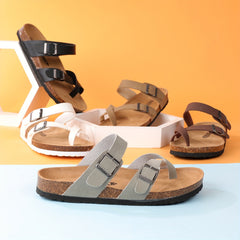 Women's Flat Cork Sandals Toe Loop Cross Strap Summer Sandals