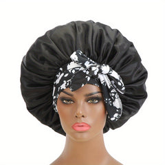 Satin Bonnet Flower Printed Lace Up Wide Headband Hair Bonnet