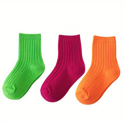 3 Pairs Kids Colorful Crew Socks, Fluorescent Striped, Four Seasons, Mid Tube