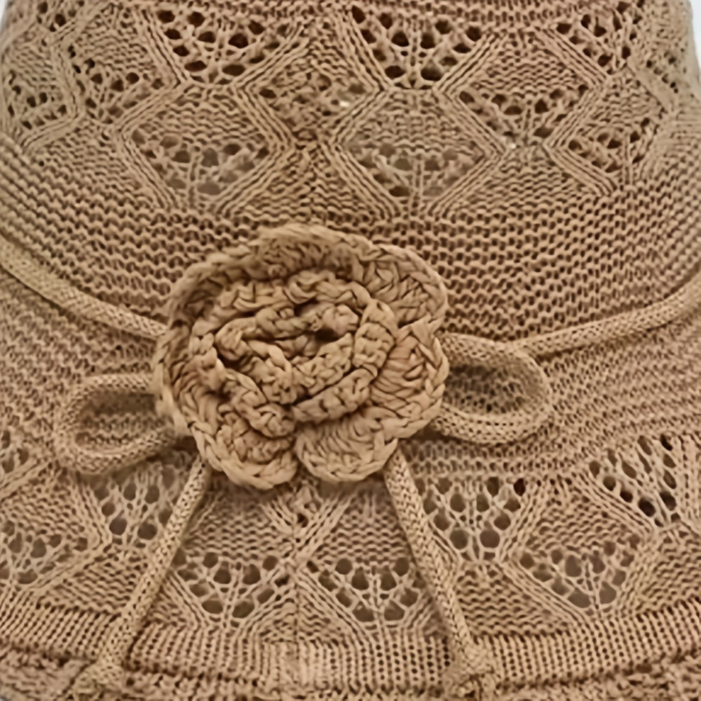 Khaki Hollow Knitted Sun Hat Flower Foldable Travel Beach Casual Bucket Hat