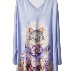 Women's Plus Cat Print Long Sleeve V Neck Tee Dress