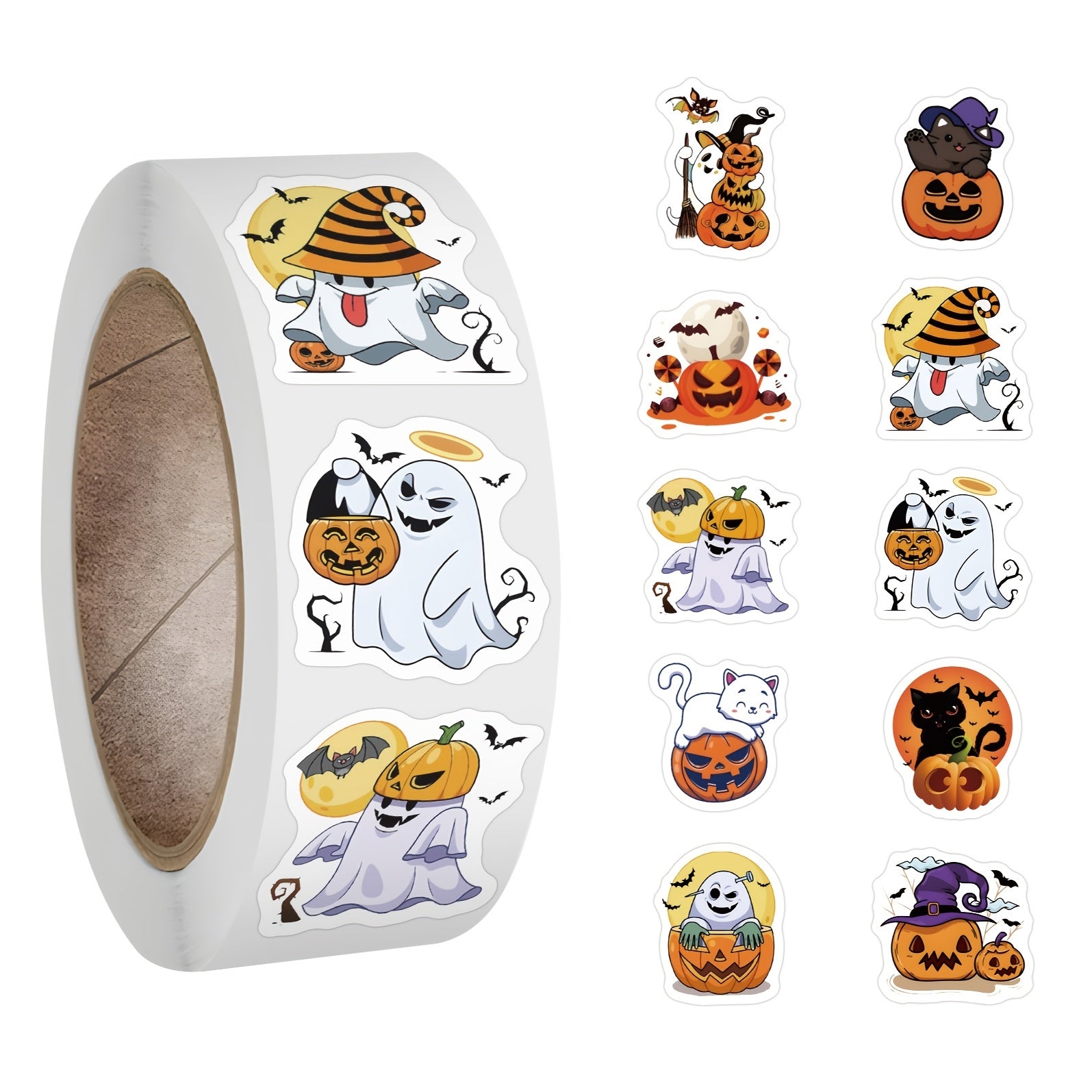 500 Halloween Stickers Roll - 10 Designs - Pumpkin Ghost Seal Label Stickers