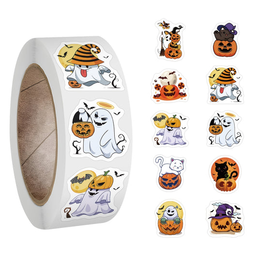 500 Halloween Stickers Roll - 10 Designs - Pumpkin Ghost Seal Label Stickers
