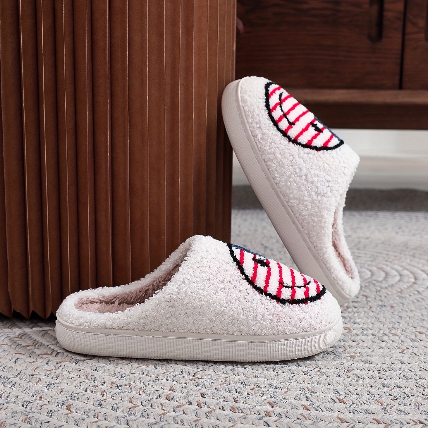 Women's Smile Face & Flag Pattern Slippers Plush Lined Warm Indoor Shoes