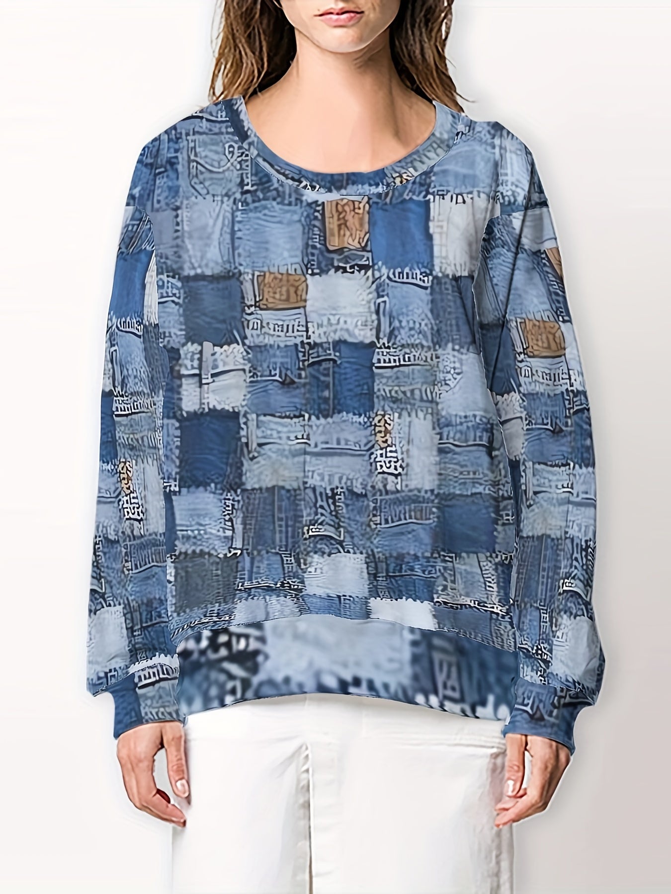 Patchwork Print Crew Neck Sweatshirt for Women