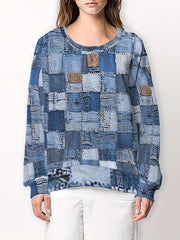 Patchwork Print Crew Neck Sweatshirt for Women