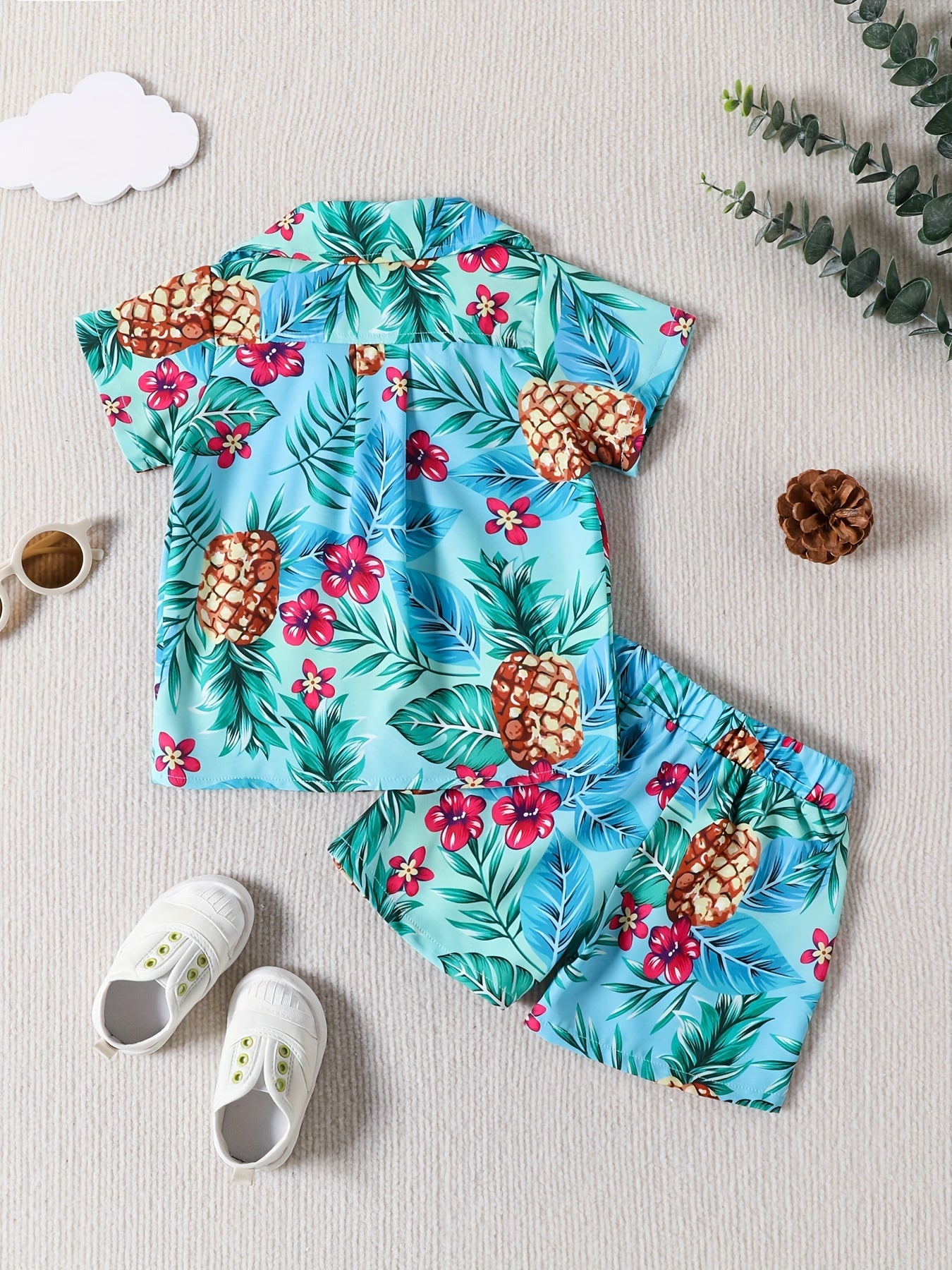 2pcs Boy Casual Cotton Tropical Graphic Short Sleeve Shirts & Shorts Set