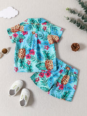 2pcs Boy Casual Cotton Tropical Graphic Short Sleeve Shirts & Shorts Set