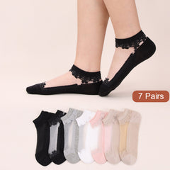 7 Pairs Lace Stitching Mesh Socks - Floral Embroidery Ankle Stockings