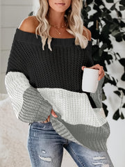 Off Shoulder Block Knit Sweater Long Sleeve Casual Loose