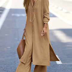 Solid Button Up Long Sleeve Lapel Casual Outfit Set