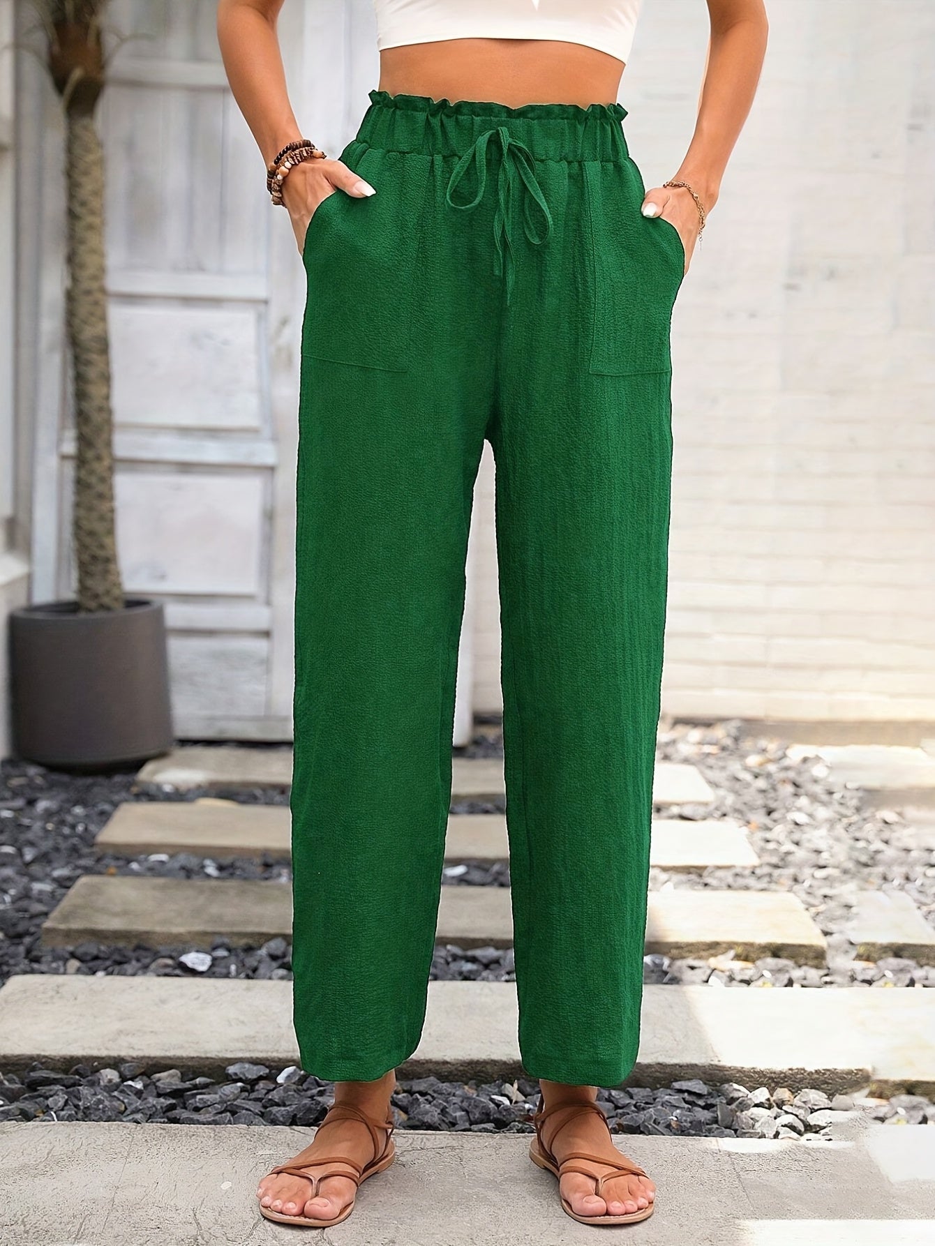 Solid Pocket Straight Leg Pants Tie Waist Casual