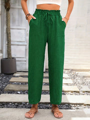 Solid Pocket Straight Leg Pants Tie Waist Casual