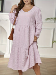 Solid Long Sleeve V Neck Midi Dress