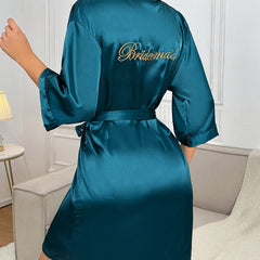 Letter Embroidery Night Robe V-Neck with Belt Women's Sleepwear