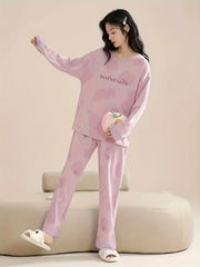 Letter Print Pajama Set Long Sleeve Top & Pants Women's Sleepwear
