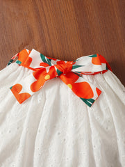 2pcs Baby Girls Floral Print Camisole Top & Eyelet Belted Skirt Set