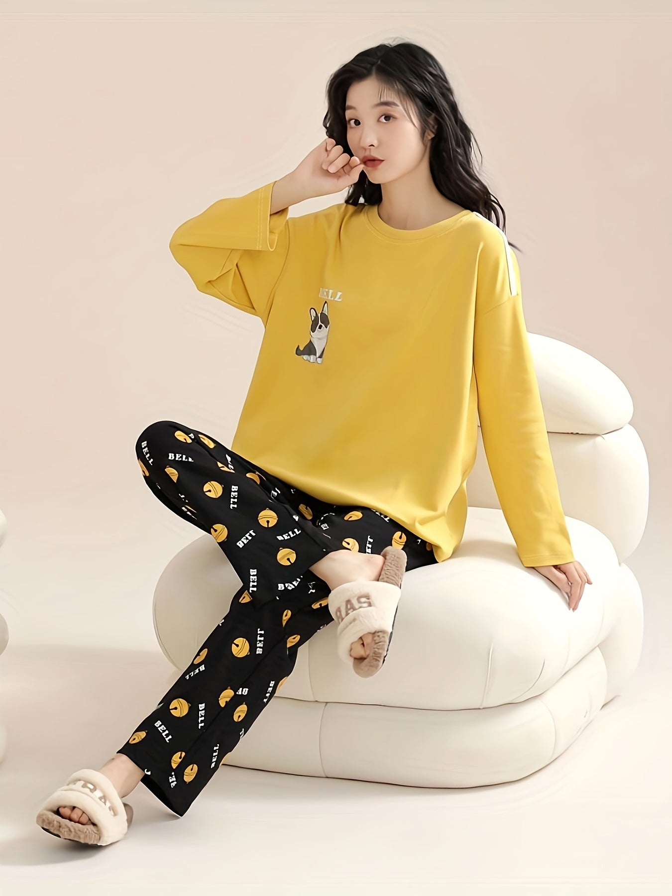 Cartoon Dog Print Pajama Set Long Sleeve Top & Pants