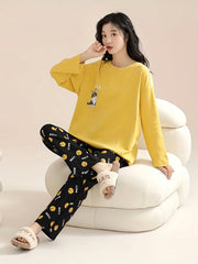 Cartoon Dog Print Pajama Set Long Sleeve Top & Pants