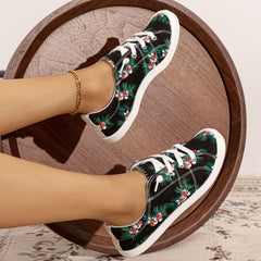 Flower Printed Canvas Lace-up Sneakers Low Top Casual Flat Shoes