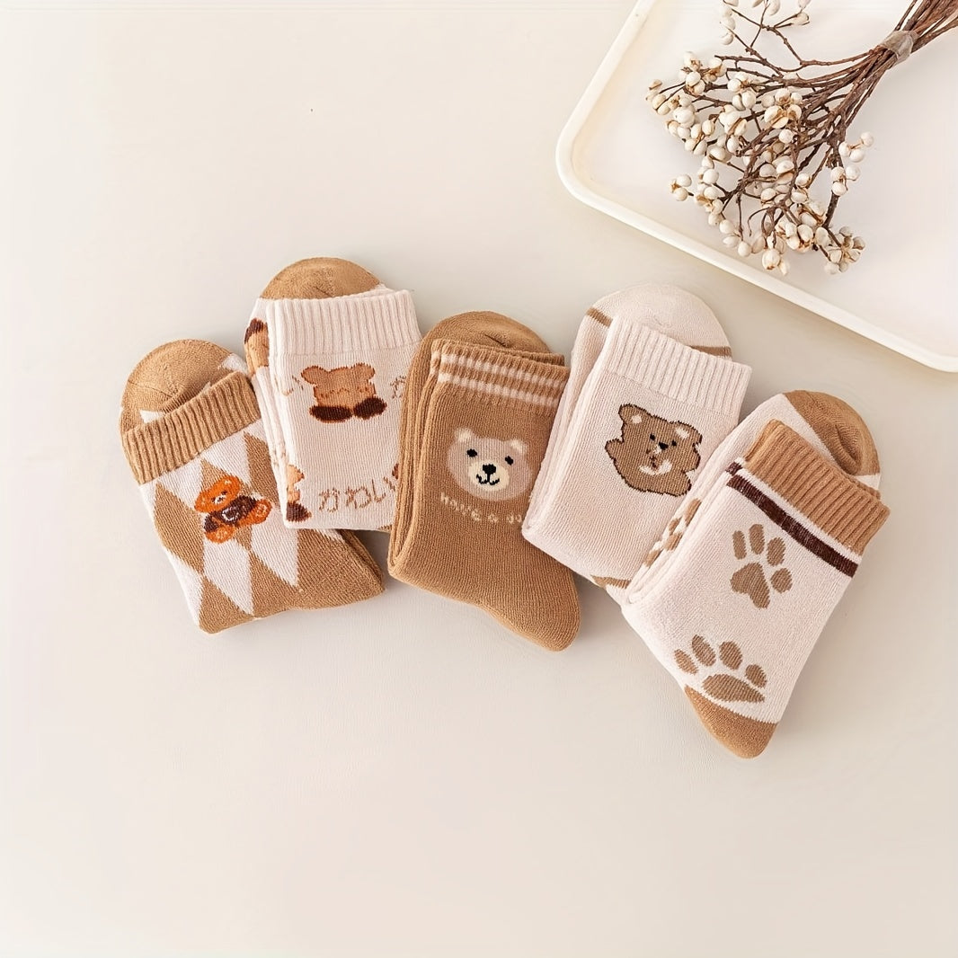 5 Pairs Cartoon Bear Print Socks, Women's Mid Tube Stockings