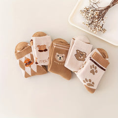 5 Pairs Cartoon Bear Print Socks, Women's Mid Tube Stockings