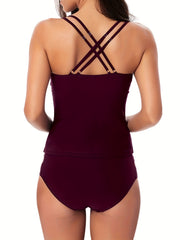 Vacay Tankini Set Solid V Neck Crisscross Back Slim Fit Cami Top & Pan