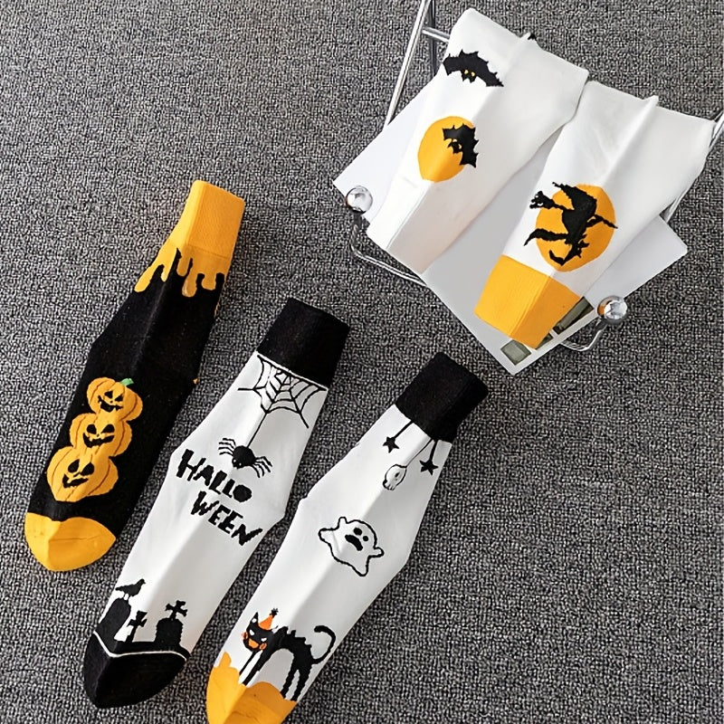 5 Pairs Skull & Bat Print Halloween Crew Socks Women's Stockings & Hosiery
