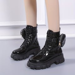 Women's Platform Combat Boots Patent Leather Short Boots Anti Skid Shoes