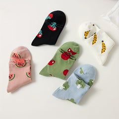 5 Pairs Fruit & Vegetable Print Socks Comfy Crew Socks Women's Stockings Hosiery