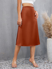 Satin Midi Skirt High Waist Solid Casual Skirt