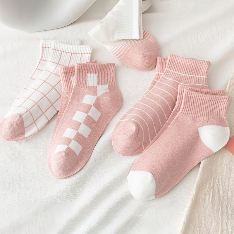 5 Pairs Plaid & Striped Crew Short Socks Women's Stockings